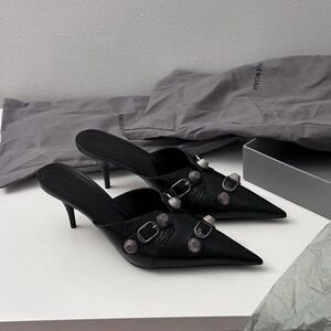 Balenciaga Cagole Black Leather Pointed Toe Mule Heels
